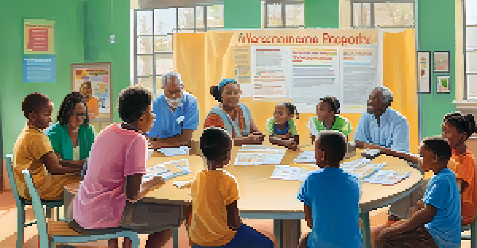 Community health workshop with diverse participants discussing vaccination and engaging with educational materials.