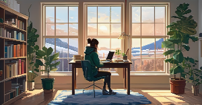 A student studying in a warm, cozy room with natural light coming through a window, surrounded by books and a light therapy box, while snow falls outside.