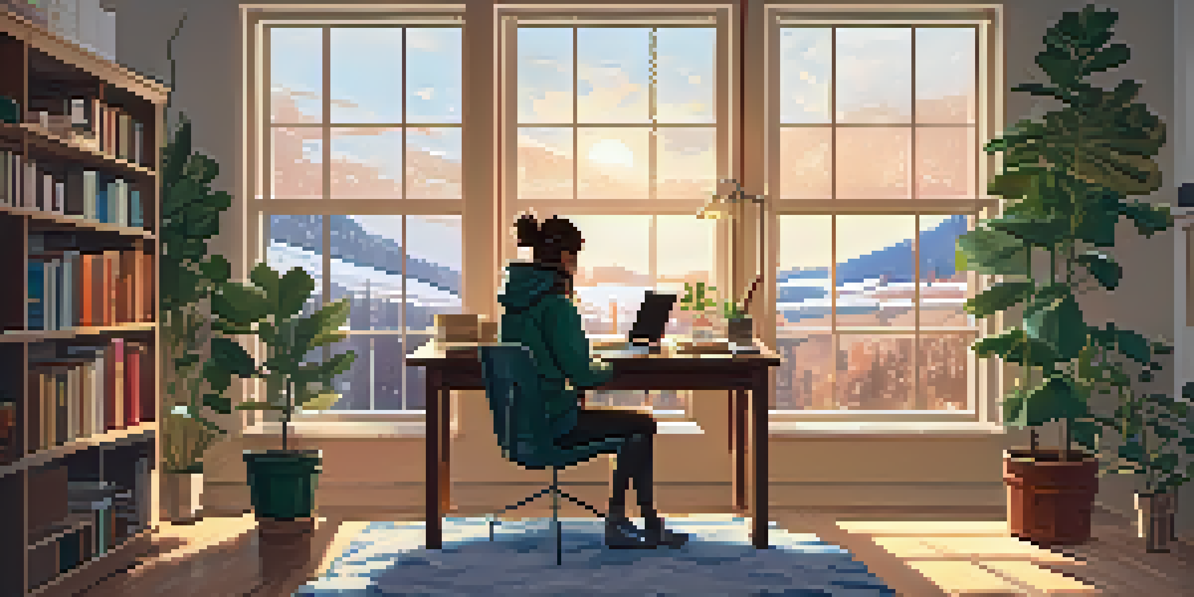 A student studying in a warm, cozy room with natural light coming through a window, surrounded by books and a light therapy box, while snow falls outside.