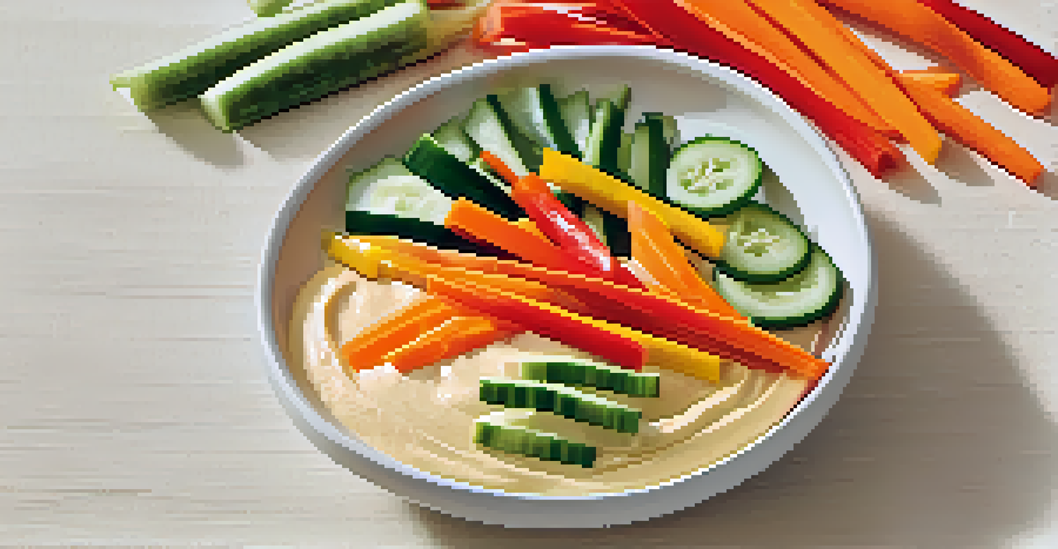 A plate with colorful carrot sticks, cucumber slices, and bell pepper strips surrounding a bowl of hummus, illuminated by soft natural light.