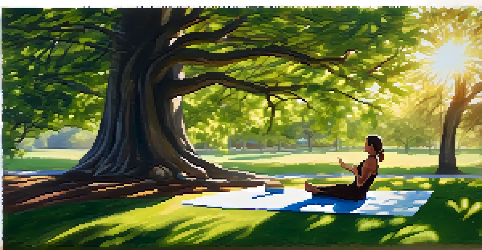 A person practicing yoga outdoors under a tree, with a notebook nearby for goal-setting.