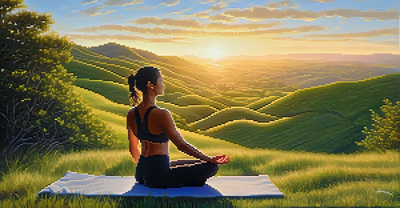 A person practicing yoga on a hillside at sunrise, embodying tranquility and connection with nature.