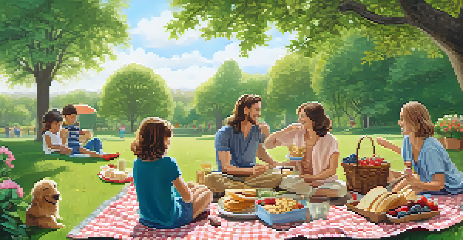 A family enjoying a picnic in a park with healthy foods on a blanket, surrounded by trees and flowers.