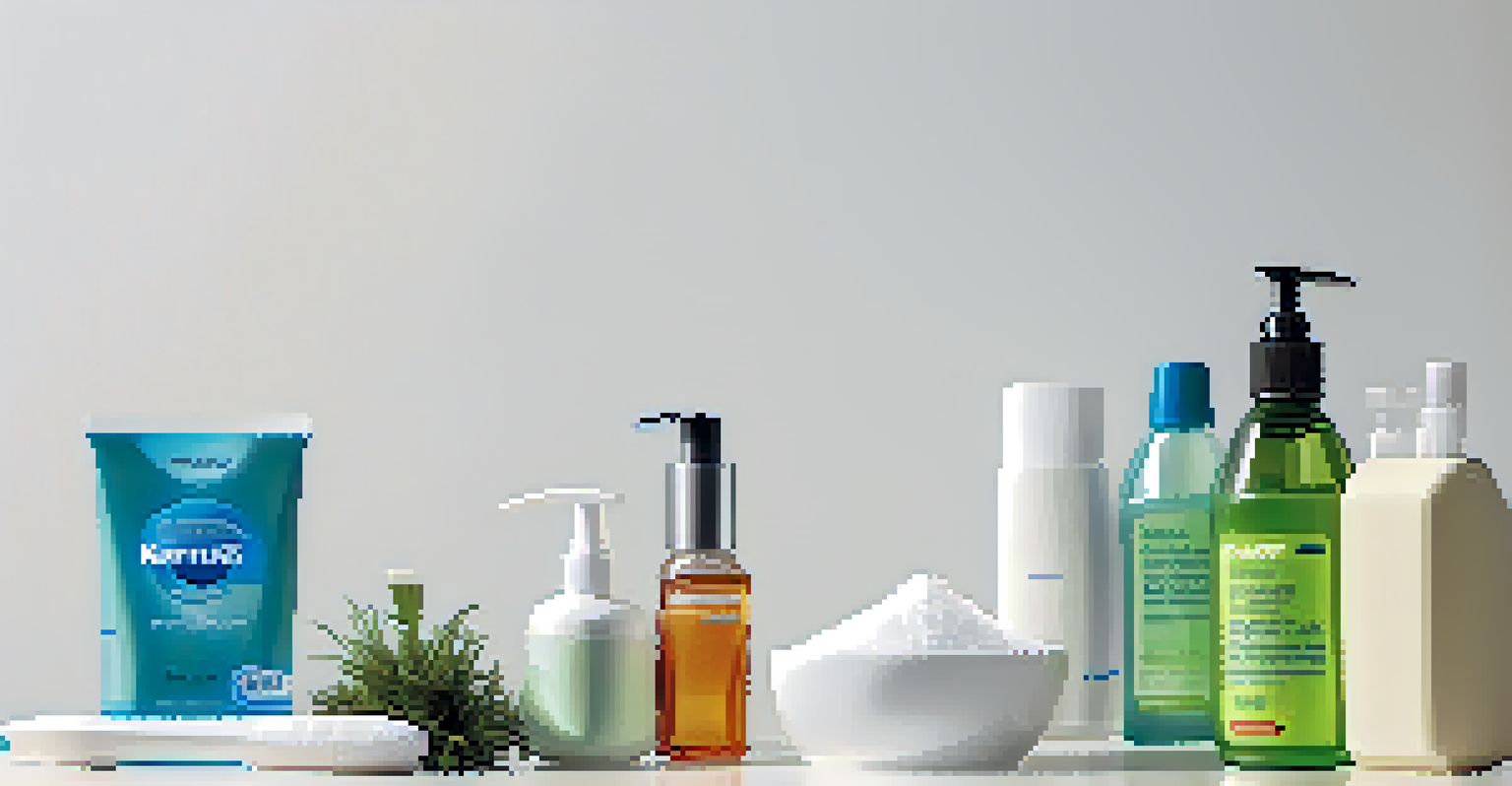 An arrangement of dental hygiene products like toothbrush, toothpaste, dental floss, and mouthwash on a clean background.