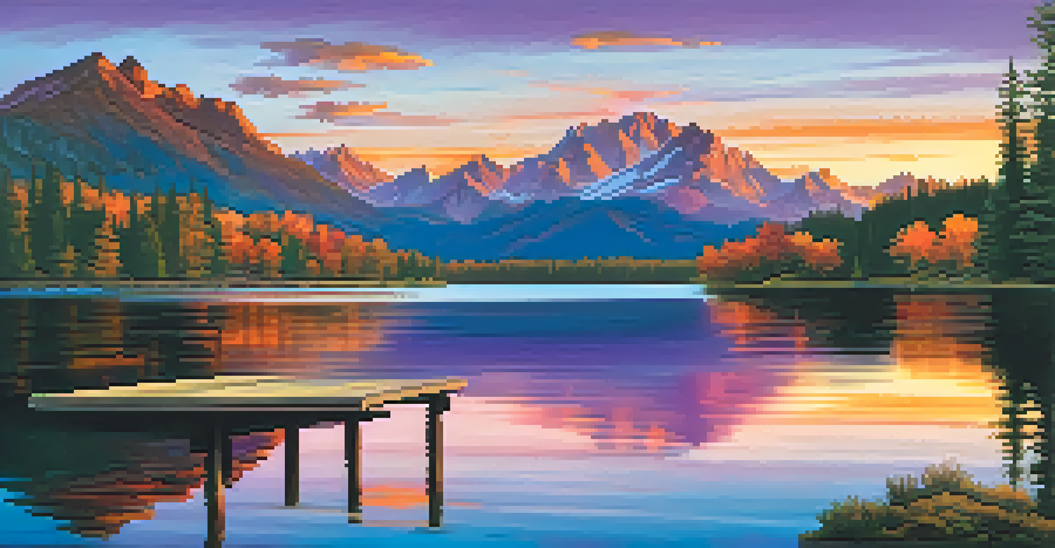 A tranquil lake at sunset with mountains in the background and vibrant sky reflections.