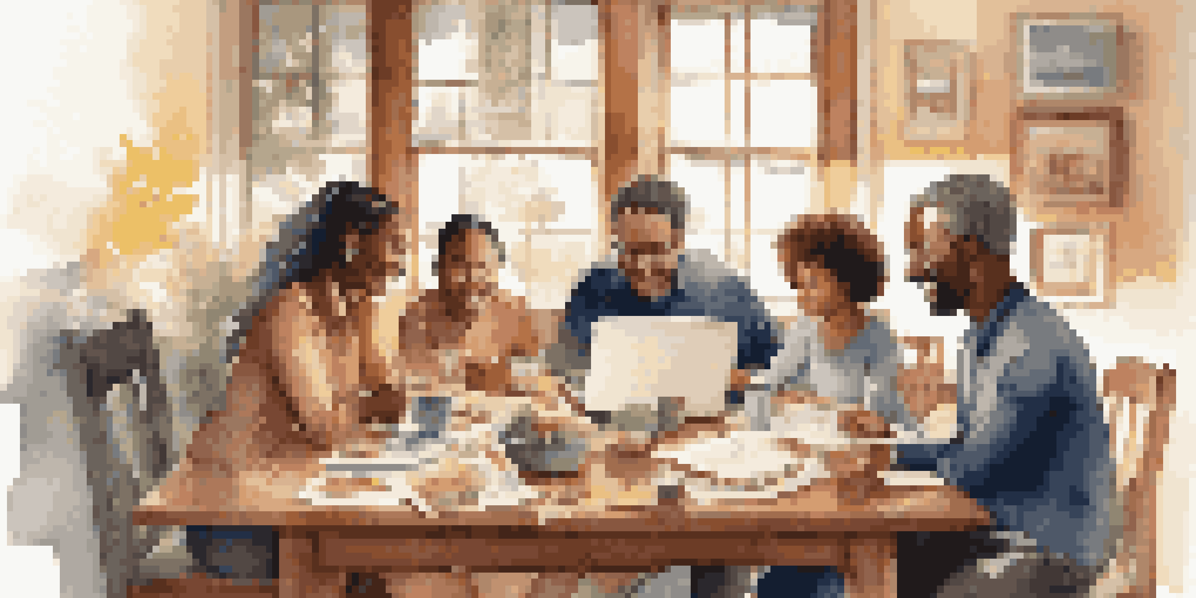 A diverse family gathered around a wooden dining table, discussing their financial goals with papers and a laptop present.