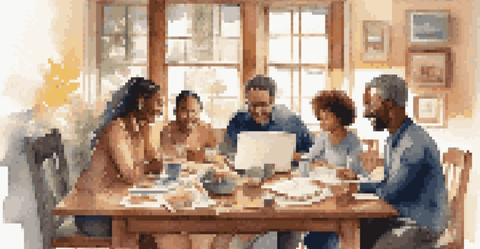 A diverse family gathered around a wooden dining table, discussing their financial goals with papers and a laptop present.