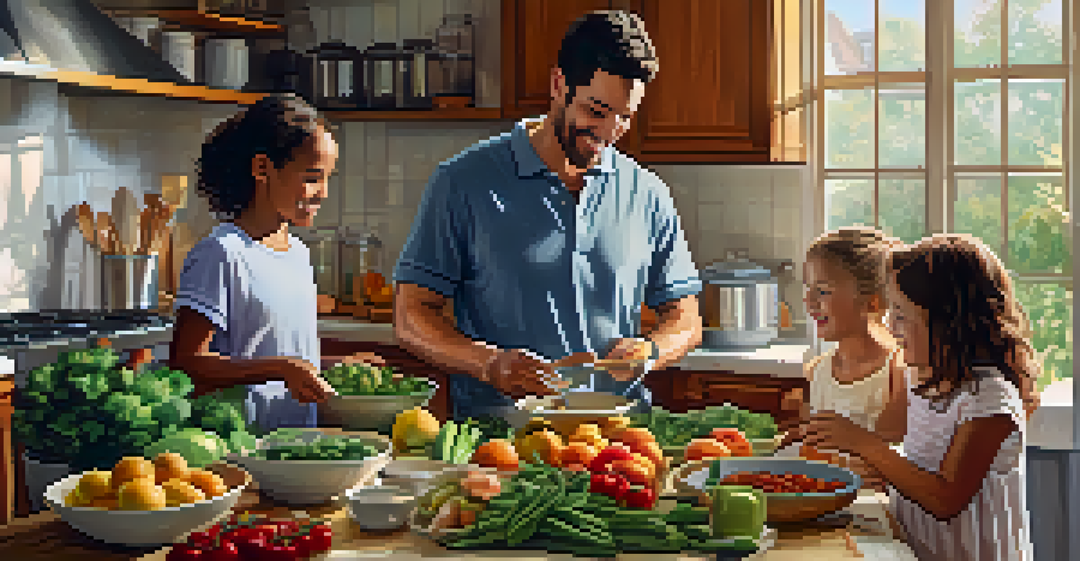 A family cooking together in a warm kitchen filled with fresh ingredients, emphasizing healthy meal preparation.