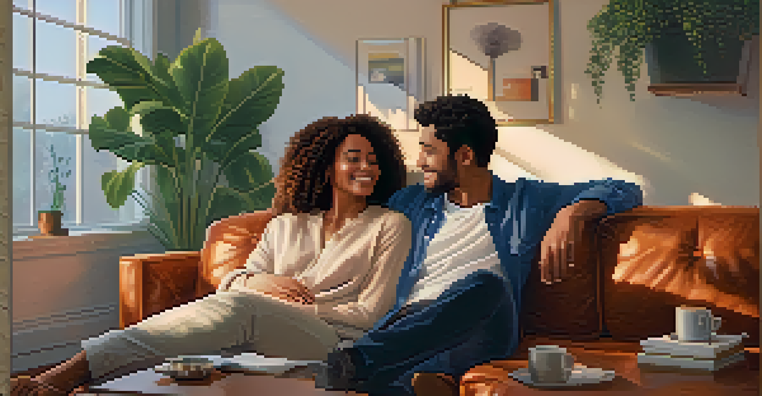 A couple sitting on a cozy couch, engaged in heartfelt conversation, with warm lighting and personal decorations in the background.