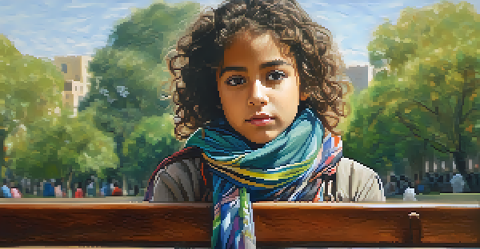 A young refugee girl with dark, curly hair sitting on a park bench, wearing a colorful scarf, with a soft expression of hope in a sunlit park.
