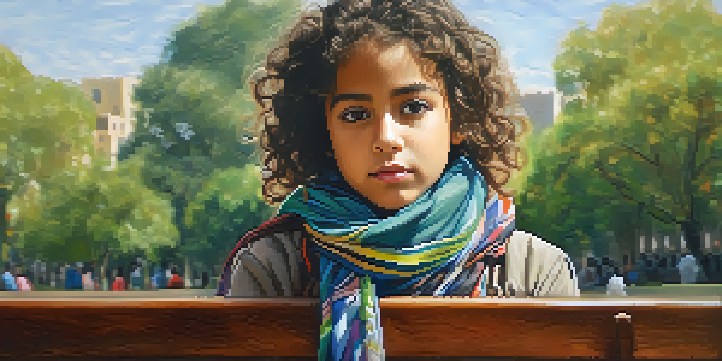 A young refugee girl with dark, curly hair sitting on a park bench, wearing a colorful scarf, with a soft expression of hope in a sunlit park.