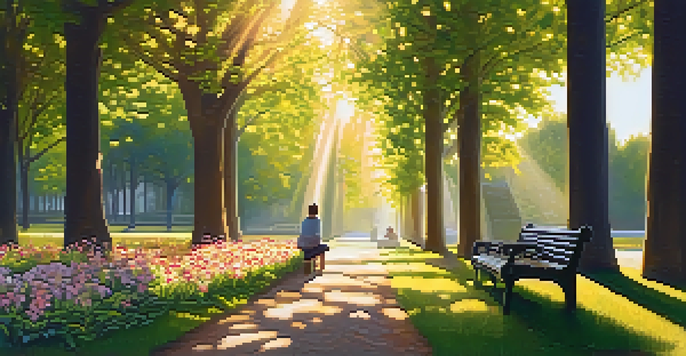 A peaceful park with blooming flowers and trees, a person sitting on a bench practicing mindfulness.