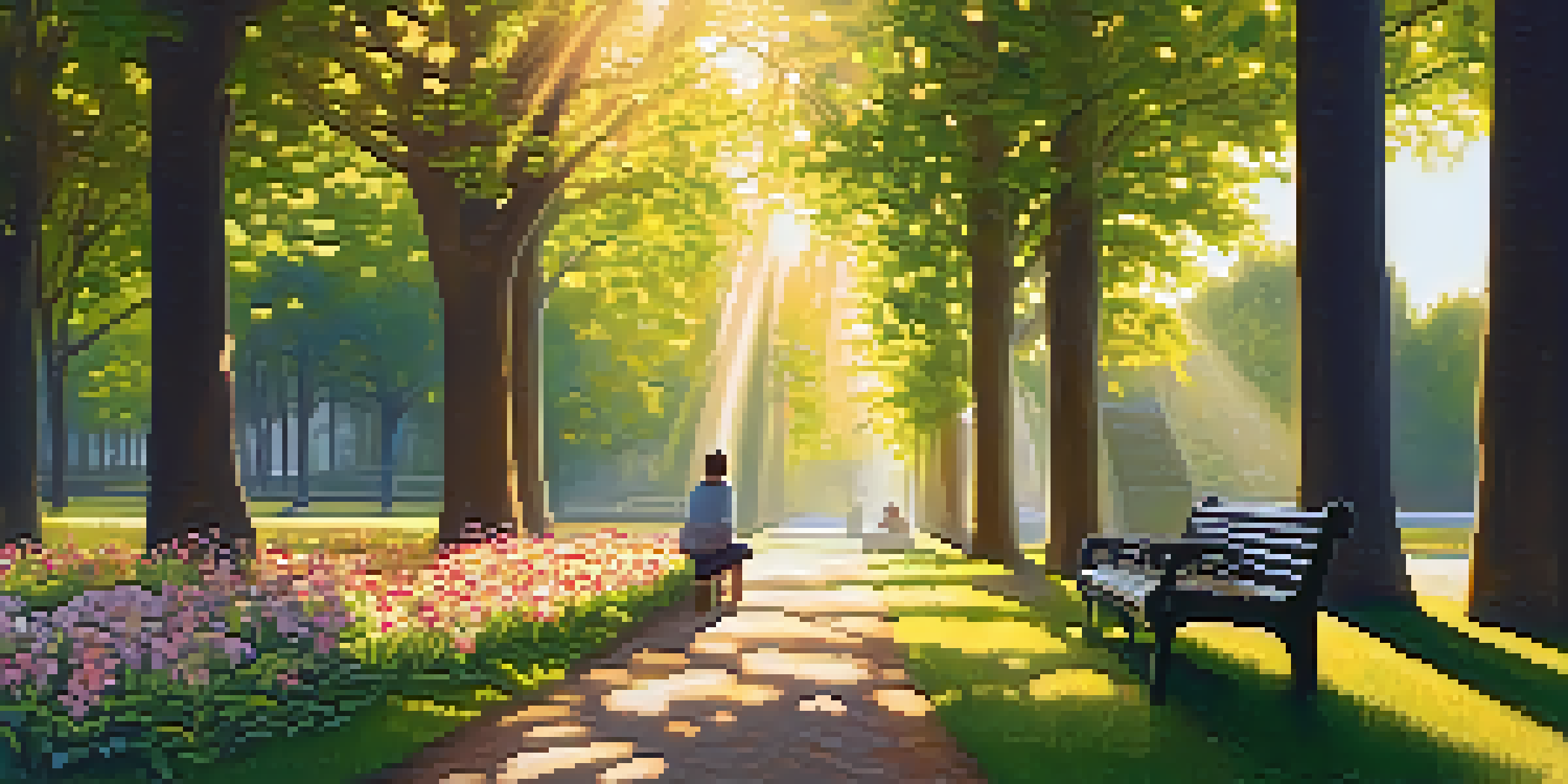 A peaceful park with blooming flowers and trees, a person sitting on a bench practicing mindfulness.