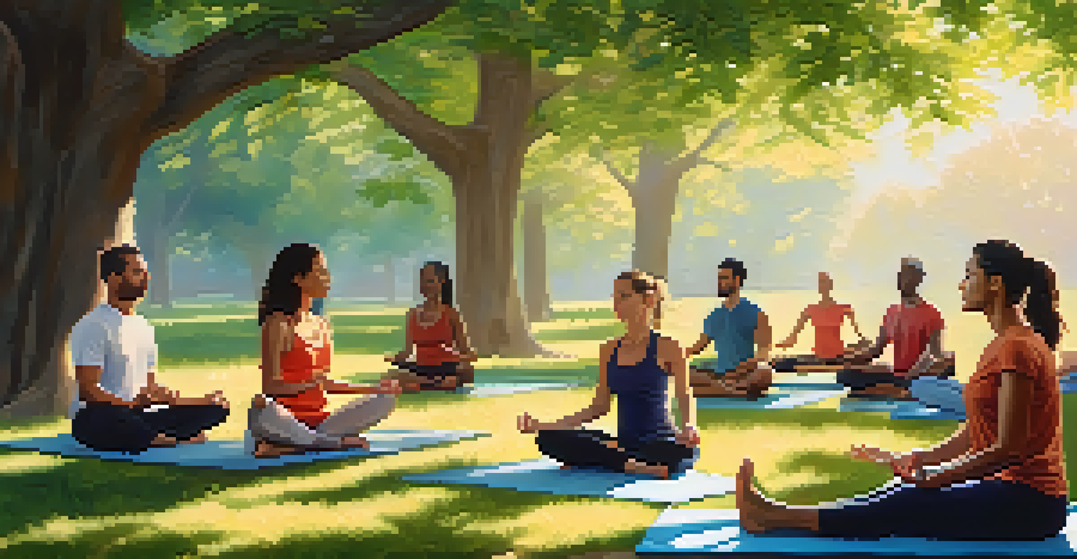 A peaceful outdoor scene with people practicing meditation on yoga mats under trees, enjoying a tranquil environment.