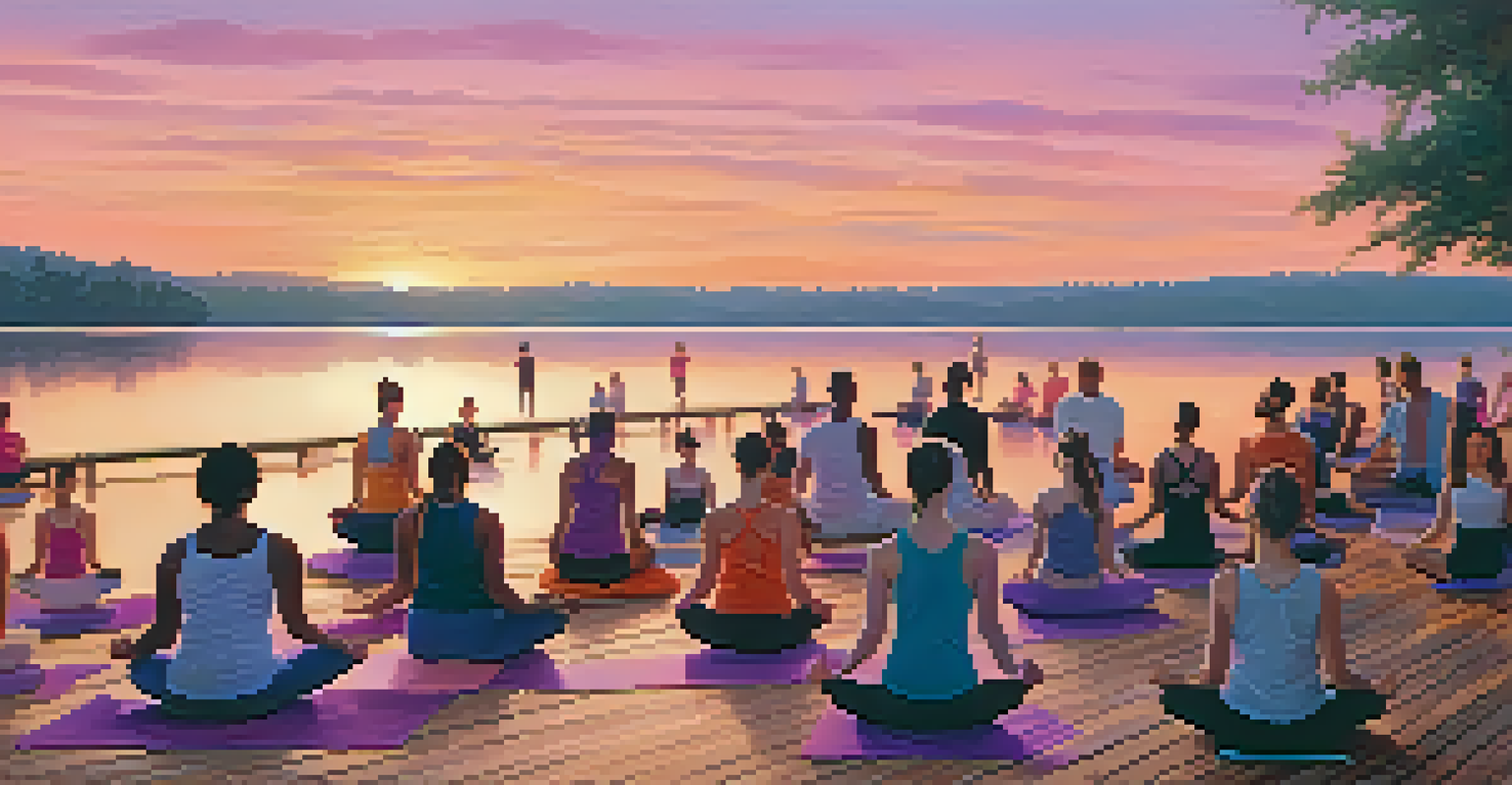 A diverse group of individuals practicing yoga at sunset on a deck by a lake, surrounded by vibrant colors in the sky.