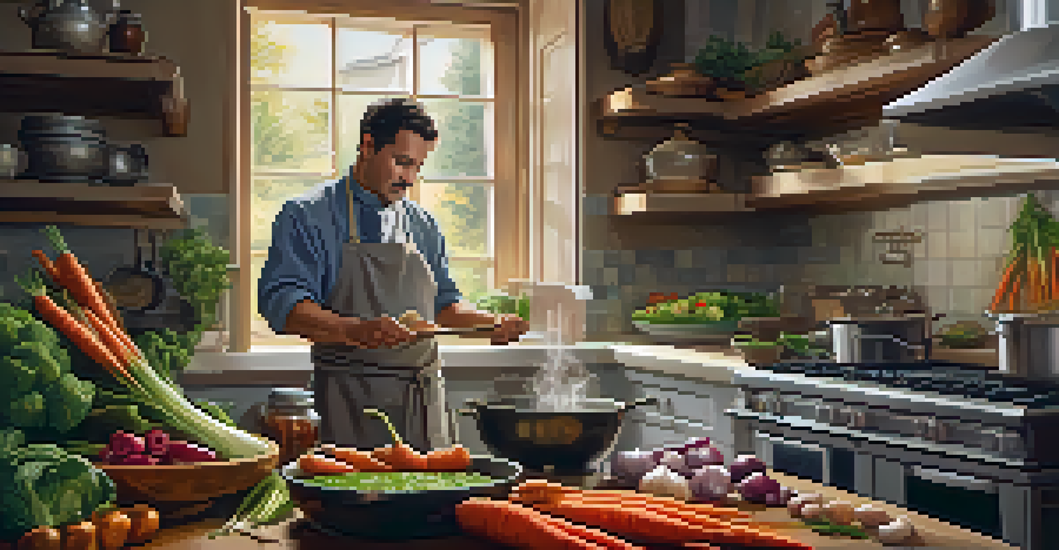 A chef in a cozy kitchen preparing vegetable soup, surrounded by fresh vegetables and herbs, with a pot on the stove and warm lighting.