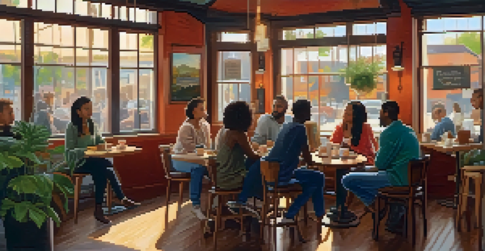 A warm and inviting coffee shop filled with people of different backgrounds engaged in conversation, surrounded by cozy decor.