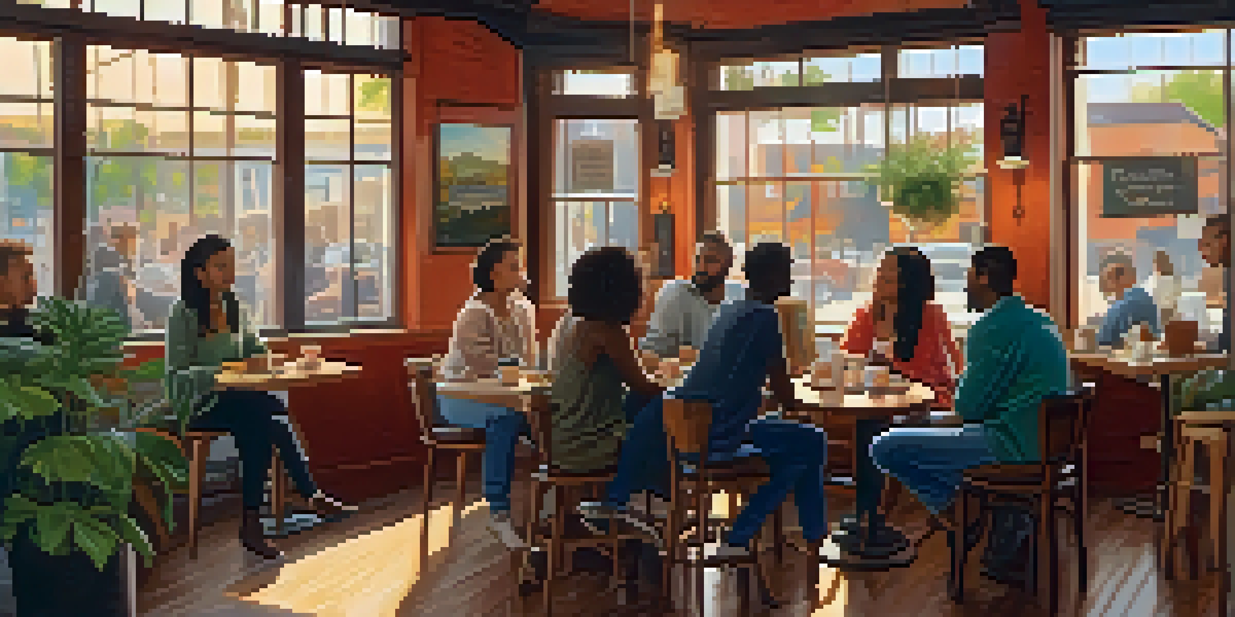 A warm and inviting coffee shop filled with people of different backgrounds engaged in conversation, surrounded by cozy decor.