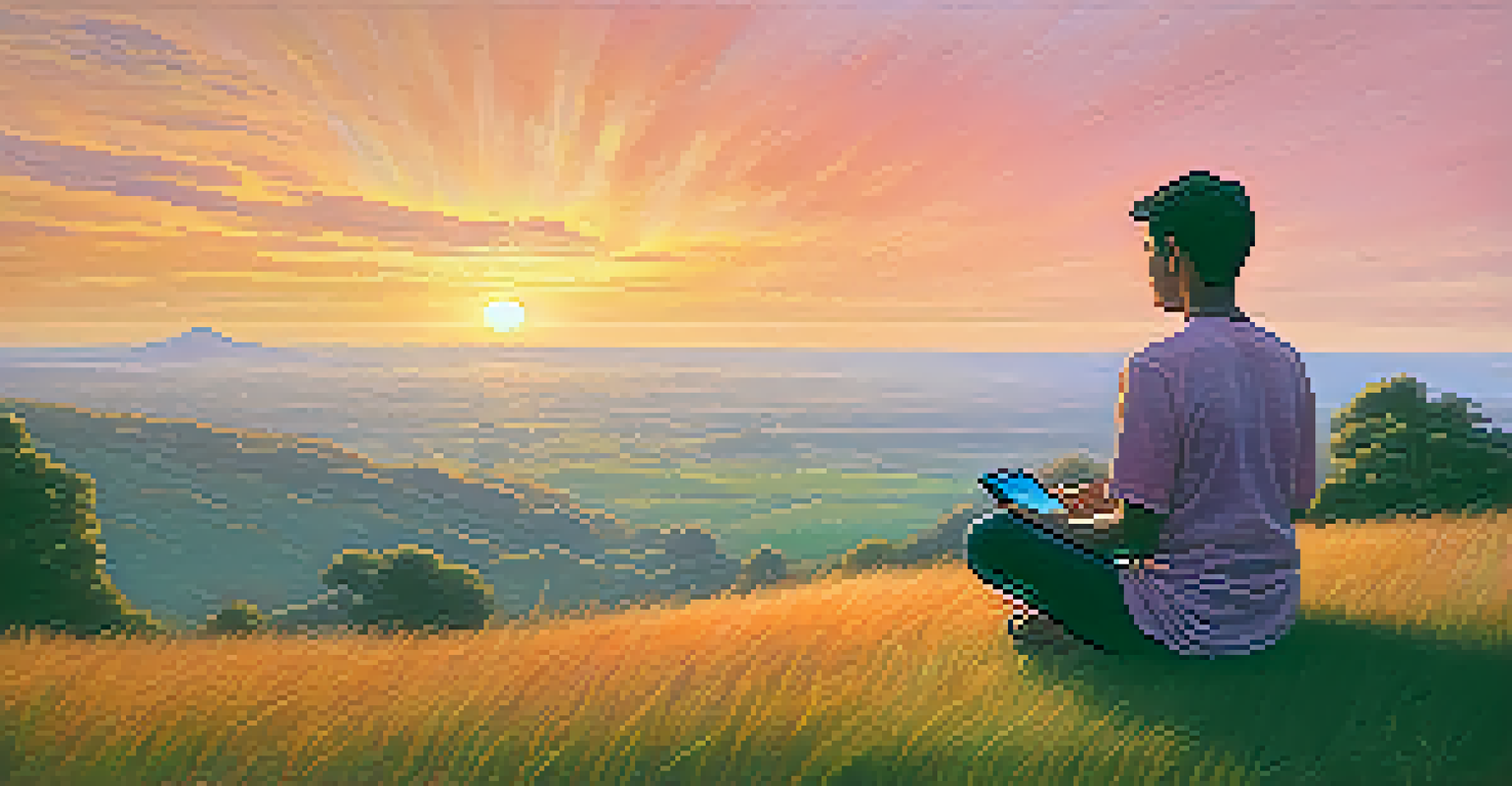 A person meditating on a hilltop during sunset, with a smartphone set aside, embodying mindfulness and tranquility.