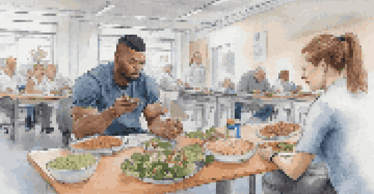 An athlete in a rehabilitation center, reviewing a nutrition plan with healthy foods on the table and healthcare professionals discussing in the background.