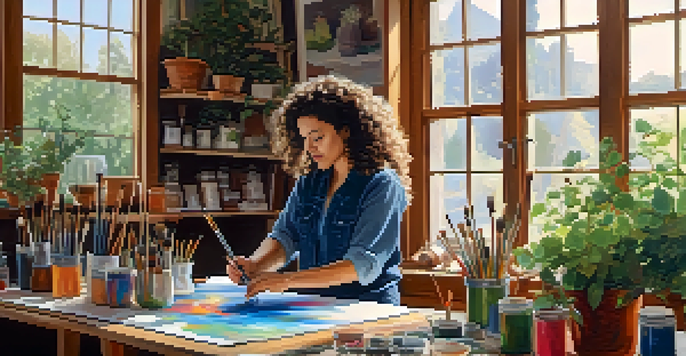 A woman painting a colorful landscape in a bright art studio filled with plants and art supplies.