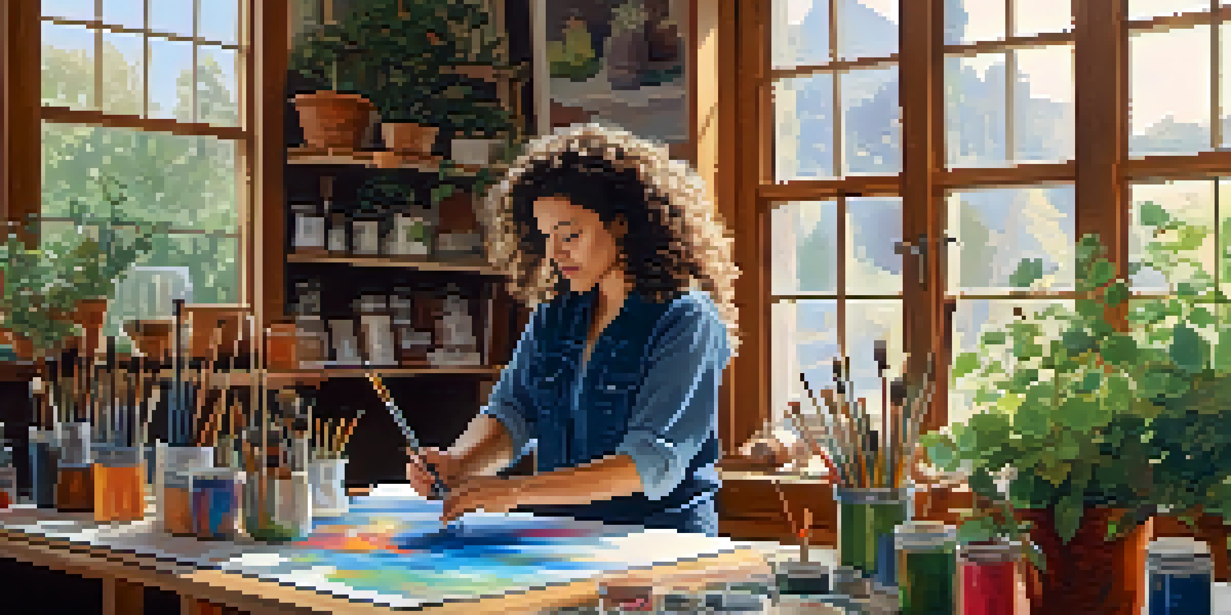 A woman painting a colorful landscape in a bright art studio filled with plants and art supplies.