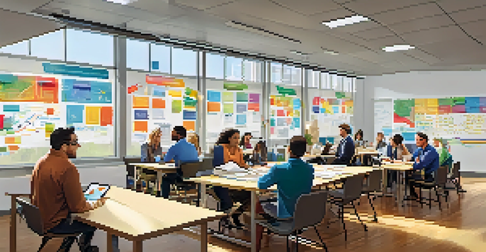 An office space where diverse employees are engaged in a collaborative learning session, surrounded by bright natural light and motivational posters.
