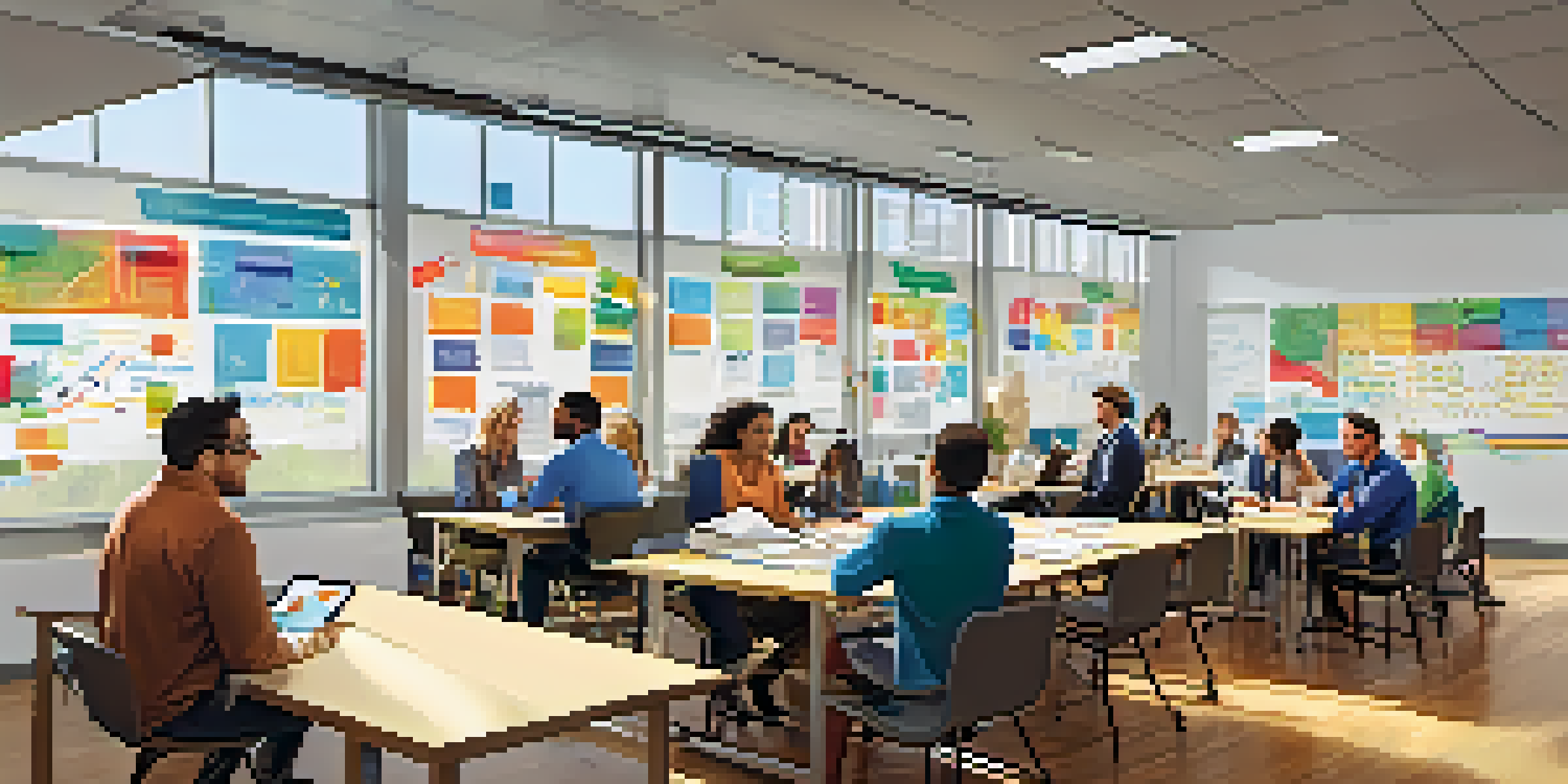 An office space where diverse employees are engaged in a collaborative learning session, surrounded by bright natural light and motivational posters.