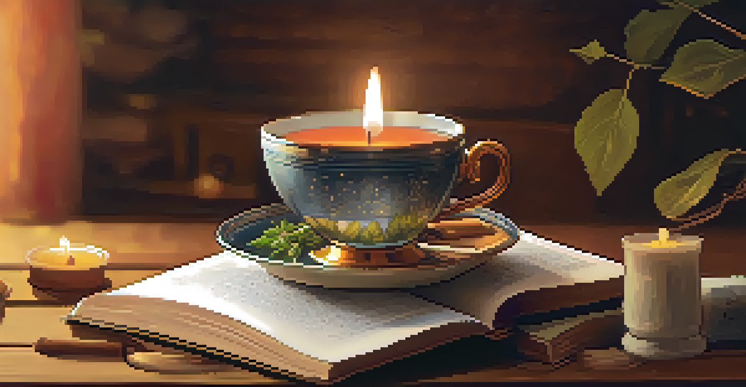 A close-up of a steaming cup of herbal tea on a wooden table, with a candle and an open book in the background.