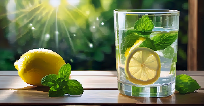 A glass of lemon and mint infused water on a wooden table with sunlight and green plants in the background.