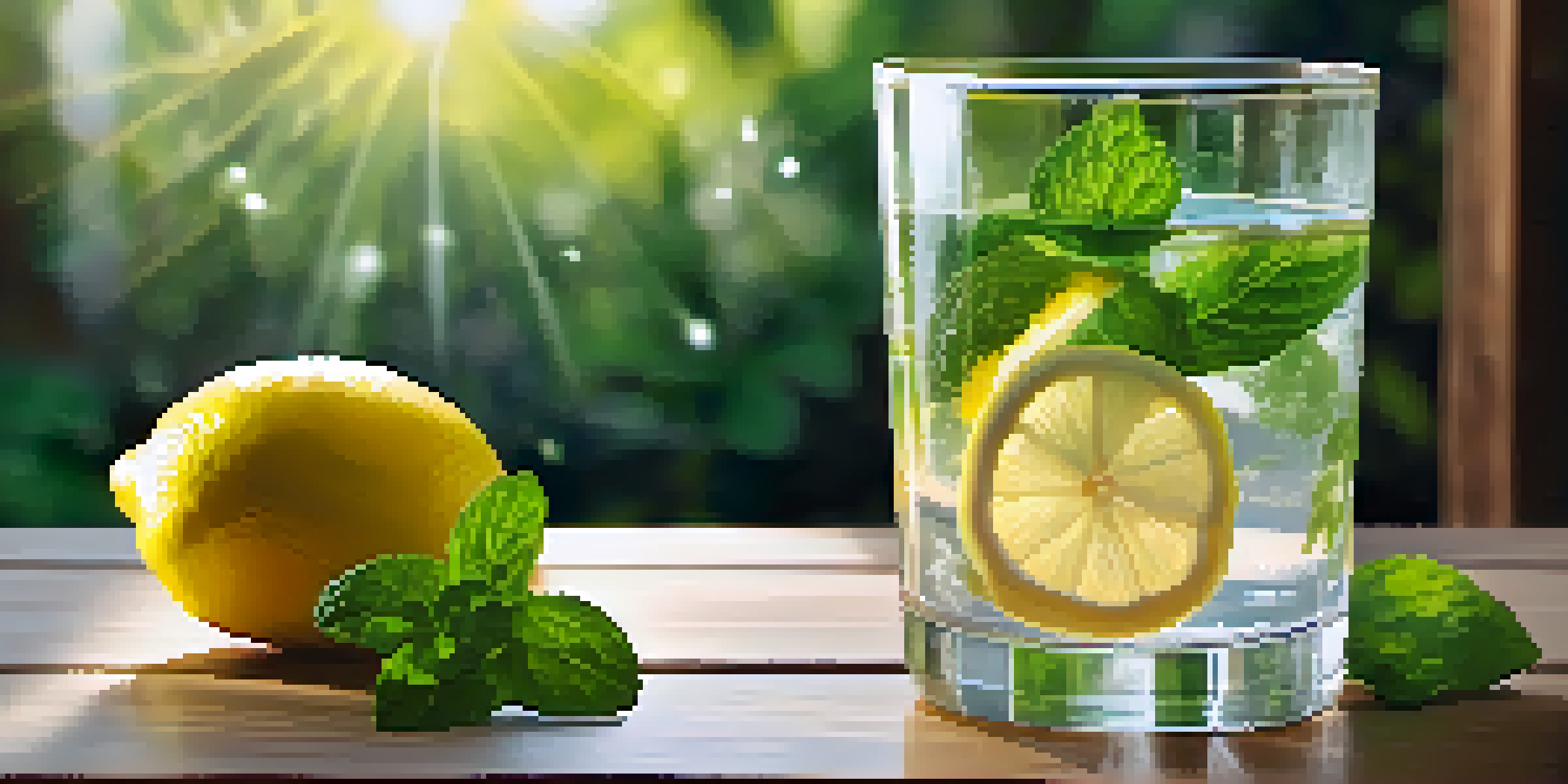 A glass of lemon and mint infused water on a wooden table with sunlight and green plants in the background.
