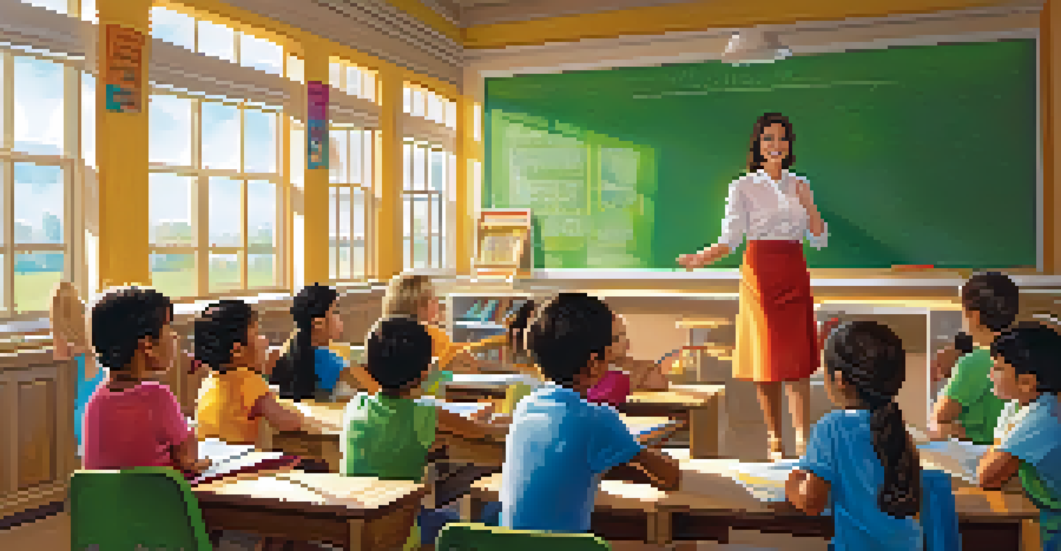 A teacher educating children about health in a colorful classroom filled with posters.