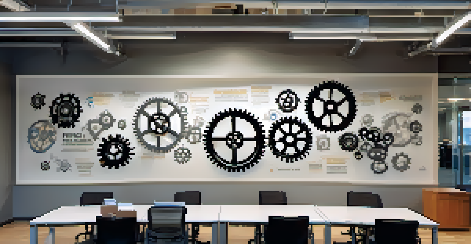 An office wall mural depicting gears and diverse faces, symbolizing teamwork and innovation, with motivational quotes and soft lighting.