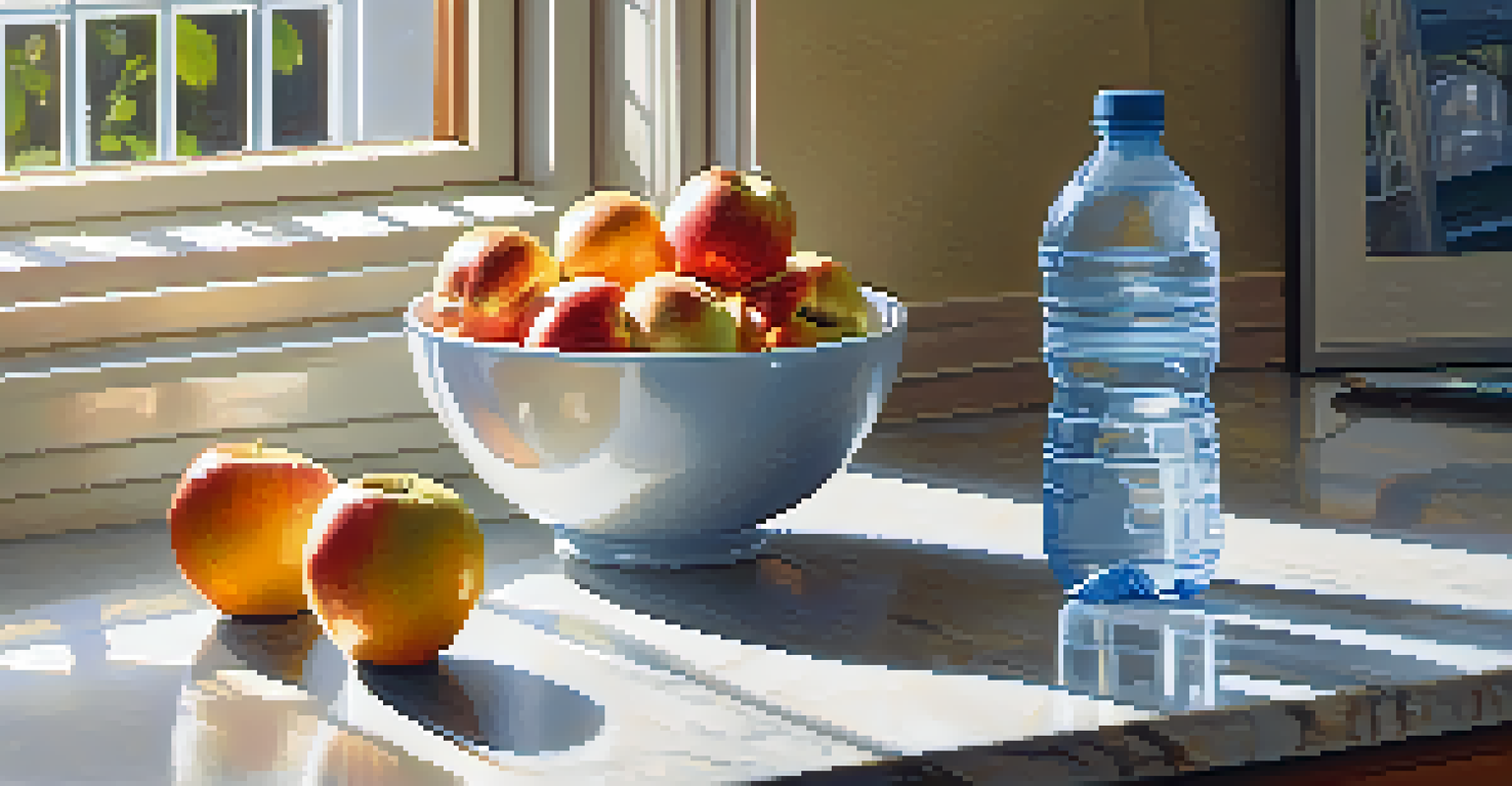 A kitchen countertop with a glass of water, a water bottle, and a bowl of mixed nuts, bathed in sunlight.