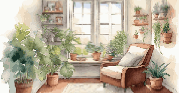 A cozy relaxation corner with a plush armchair, indoor plants, and warm lighting, creating a serene environment.