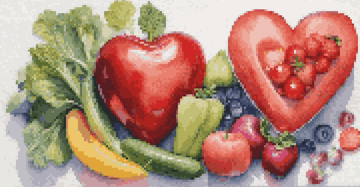 An artistic representation of a heart shape made of fresh fruits and vegetables next to a toothbrush and dental floss.