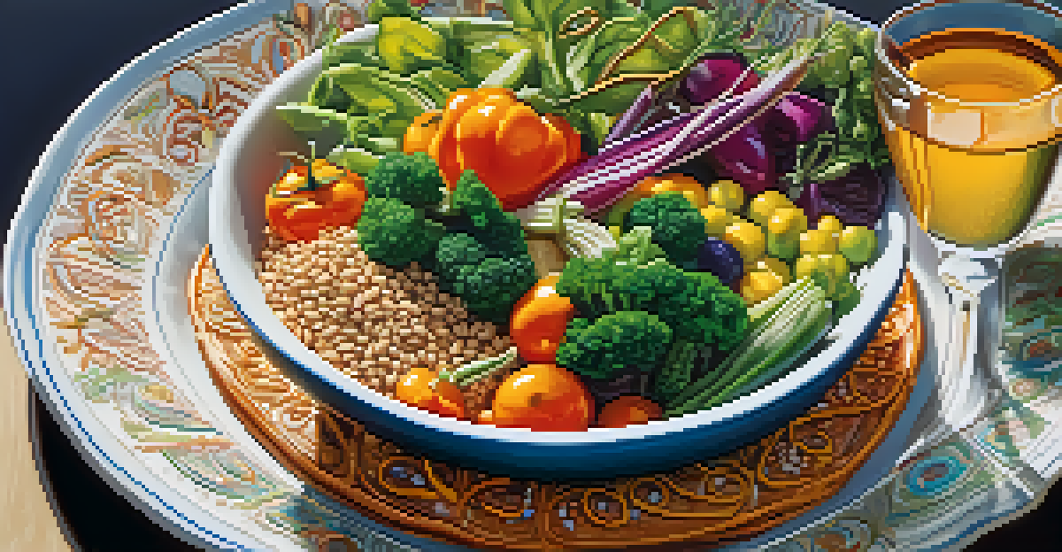 A close-up view of a colorful plated dish with fresh vegetables and grains, highlighting their textures and colors.
