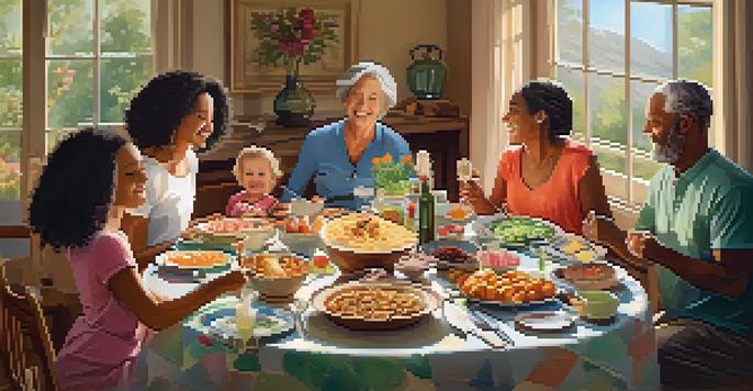 A family gathering with a diverse group of people around a table filled with colorful dishes, enjoying each other's company in a warm atmosphere.