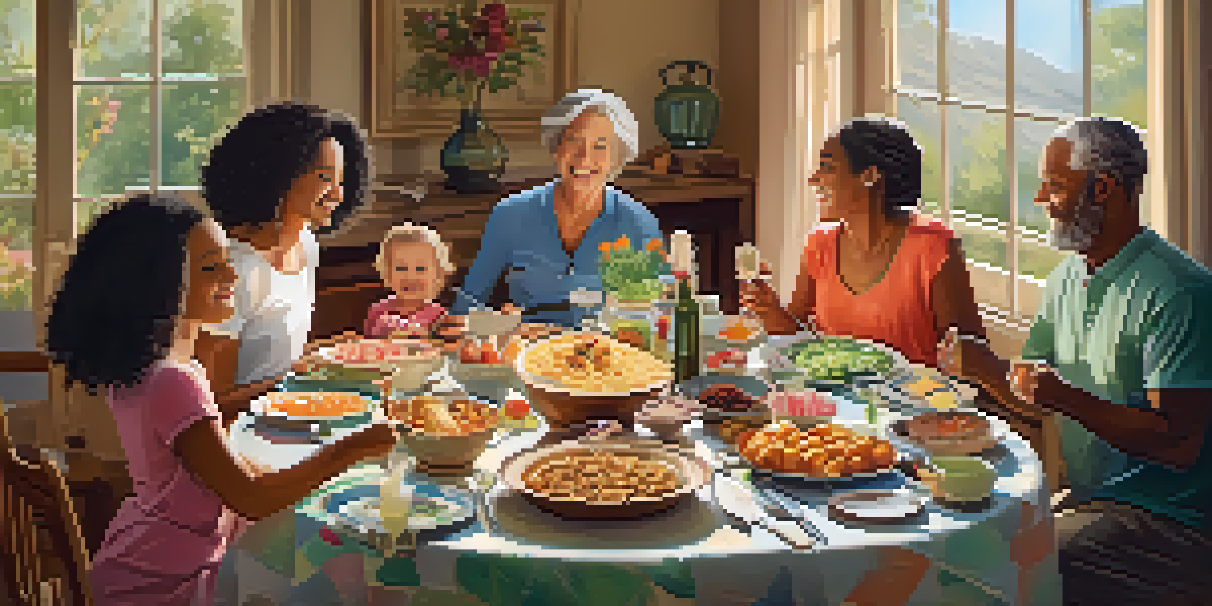 A family gathering with a diverse group of people around a table filled with colorful dishes, enjoying each other's company in a warm atmosphere.