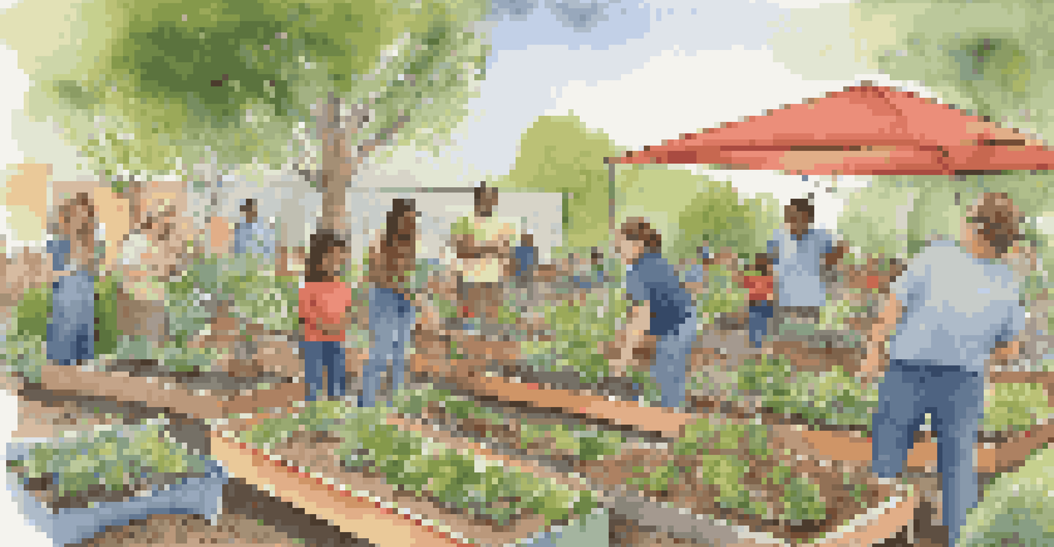 A workshop in a community garden with children and adults learning about planting, surrounded by vibrant plants and colorful banners.