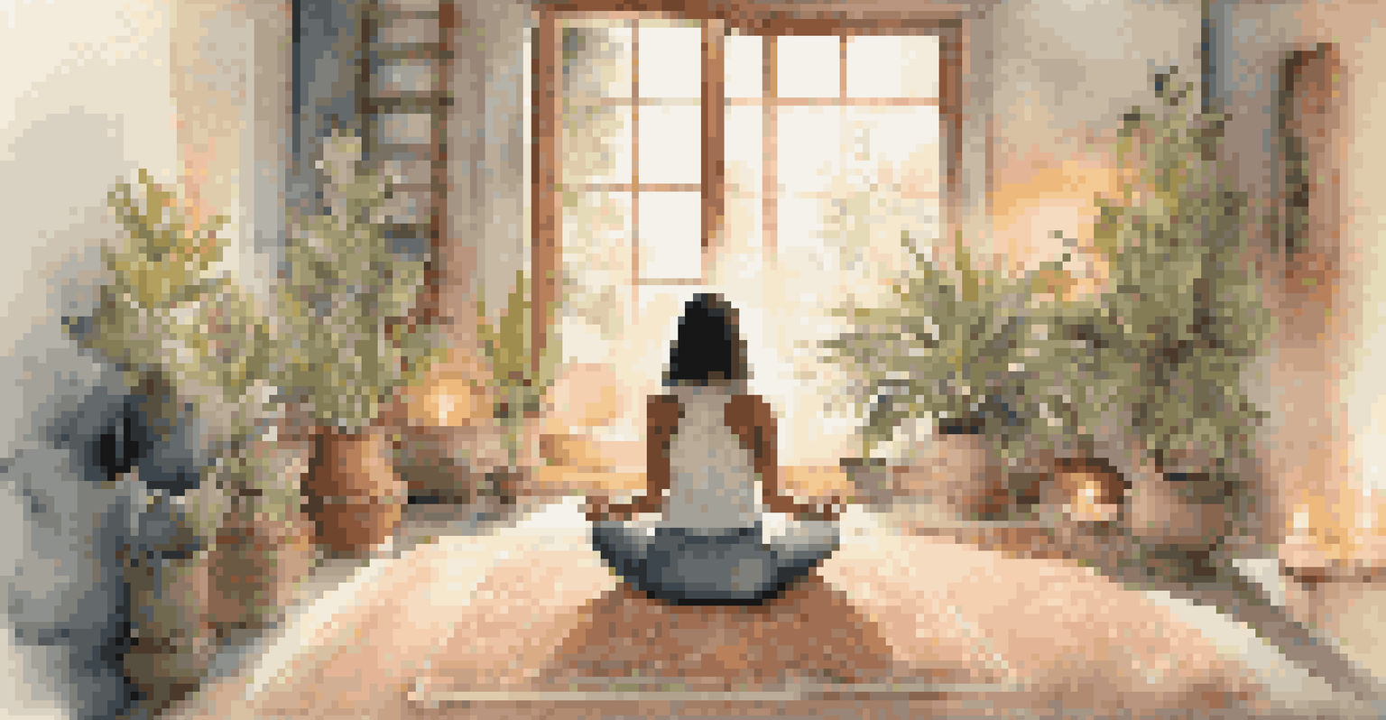 A person sitting cross-legged on a meditation cushion in a softly lit room, practicing breath work with closed eyes and a peaceful expression.