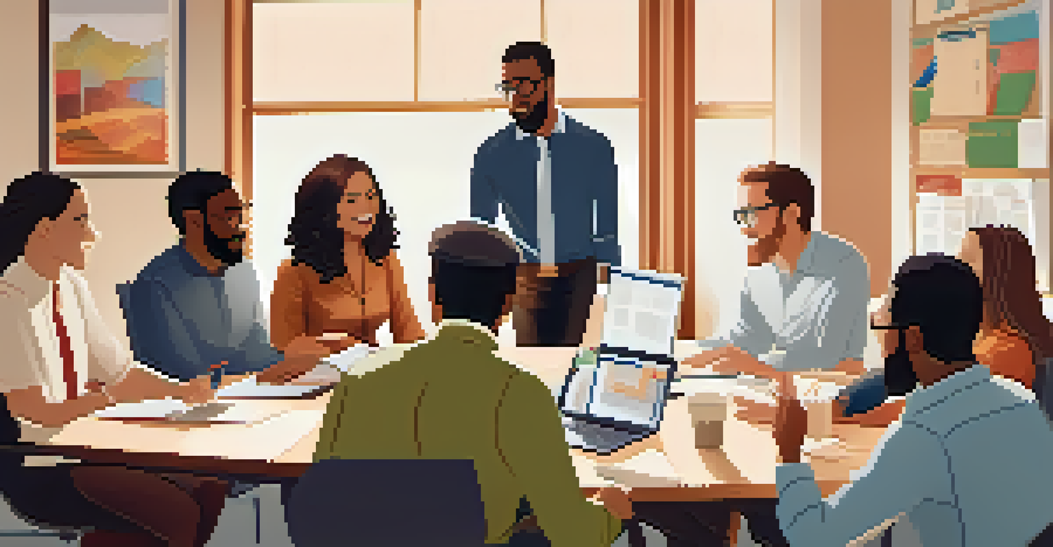 A group of diverse coworkers having a constructive discussion around a conference table, showing teamwork and respect.