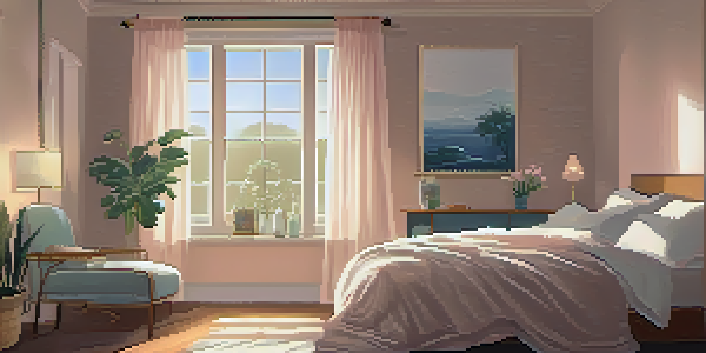 A peaceful bedroom with a cozy bed, soft pillows, and warm lighting, creating a calming atmosphere for sleep.