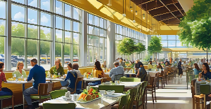 A busy airport dining area with travelers enjoying healthy meals like salads and grilled proteins under bright sunlight.