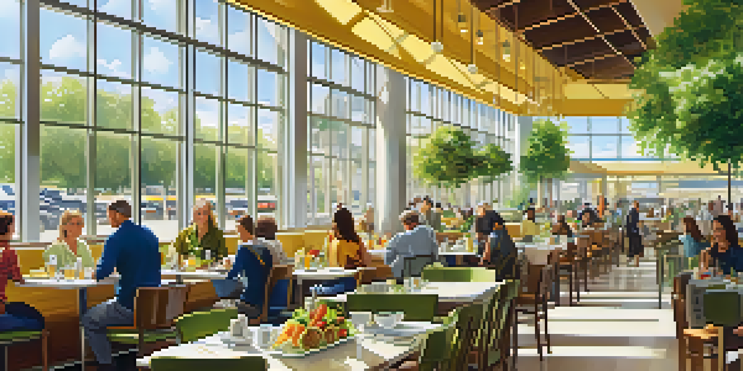 A busy airport dining area with travelers enjoying healthy meals like salads and grilled proteins under bright sunlight.