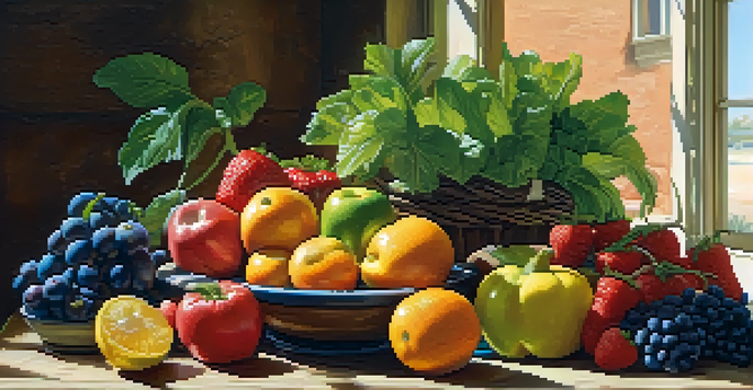 A still life of colorful fruits and vegetables on a wooden table, illuminated by warm natural light.