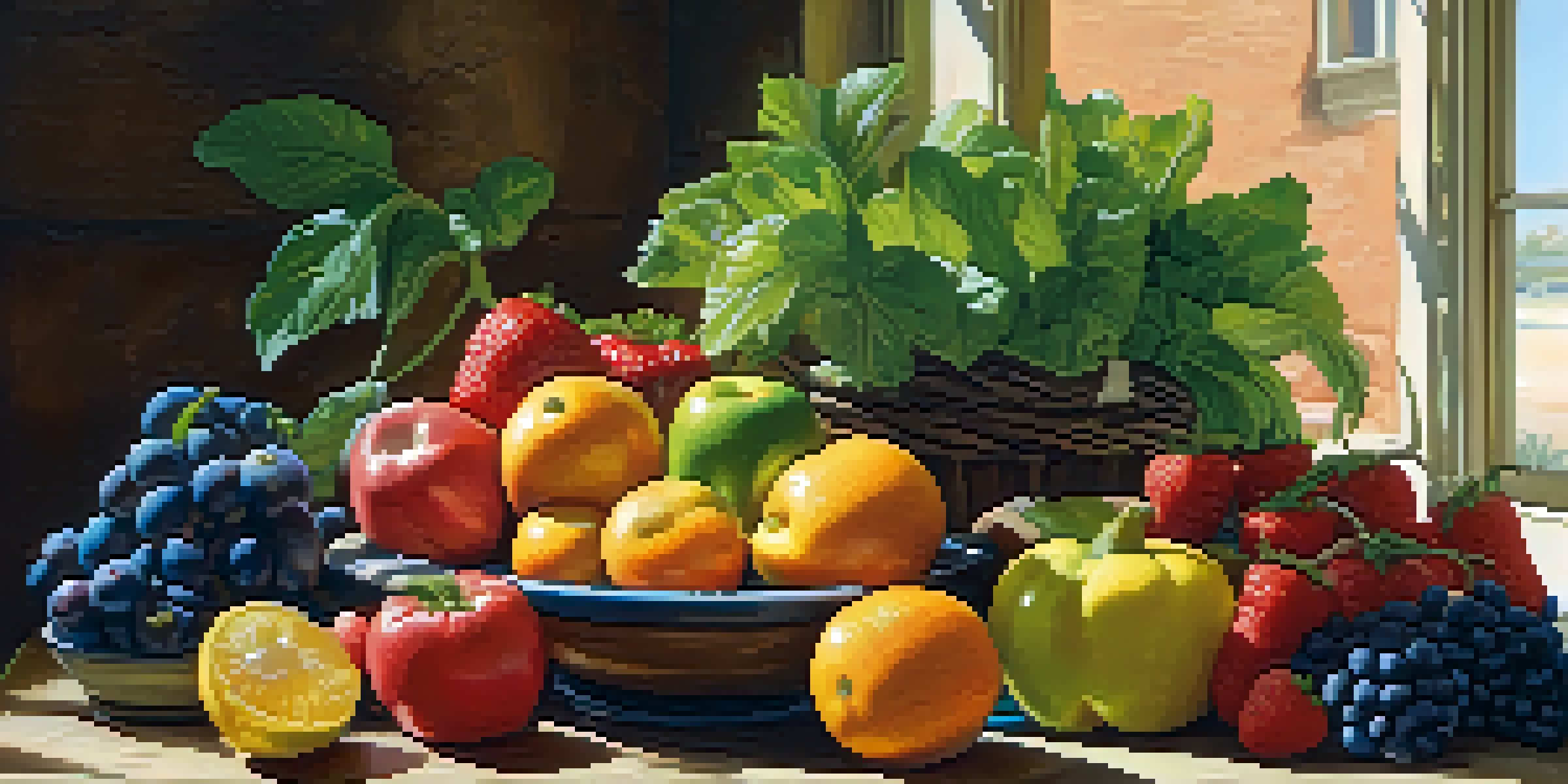 A still life of colorful fruits and vegetables on a wooden table, illuminated by warm natural light.