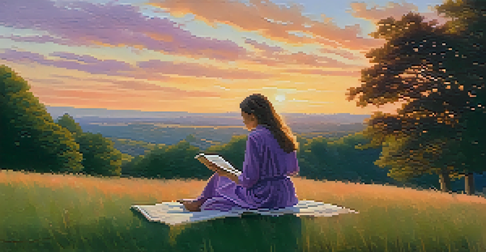 A person reading a book on a grassy hill during sunset, with a colorful sky and trees around them.