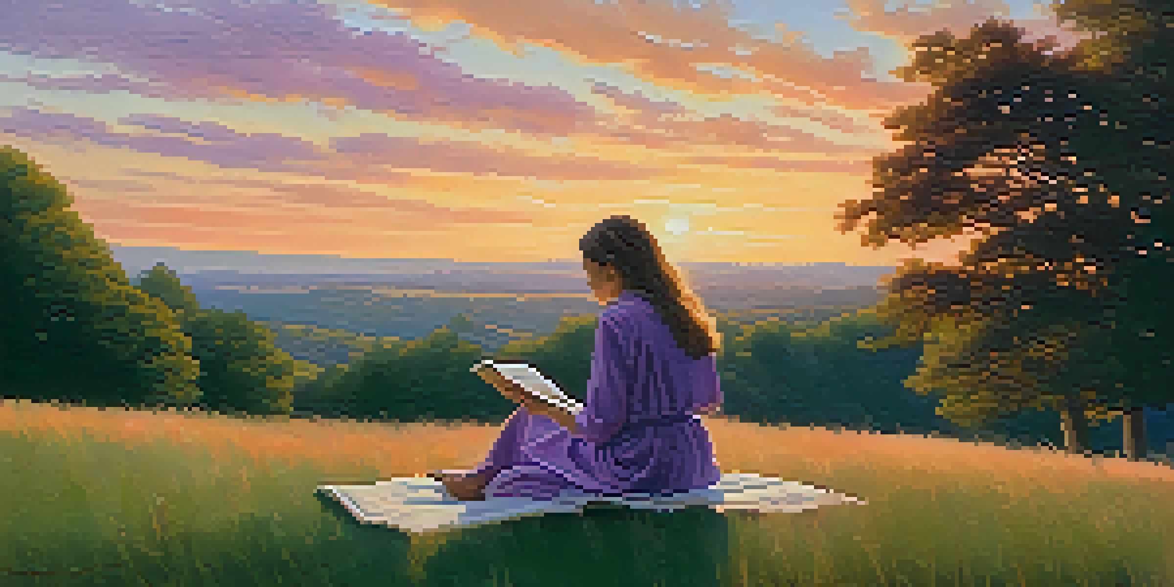 A person reading a book on a grassy hill during sunset, with a colorful sky and trees around them.
