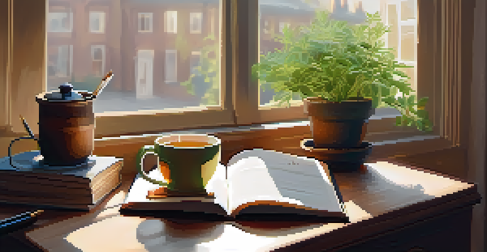 A warm and cozy workspace with an open journal, a fountain pen, and a steaming cup of tea, bathed in natural light.